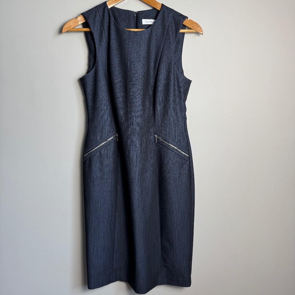 Calvin Klein Women's Sleeveless Dress Dark Indigo Zipper Accents Knee Length